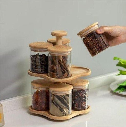 Set de 8 Pots à Épices en Verre avec Support Rotatif en Bambou – Élégant, Compact et Pratique