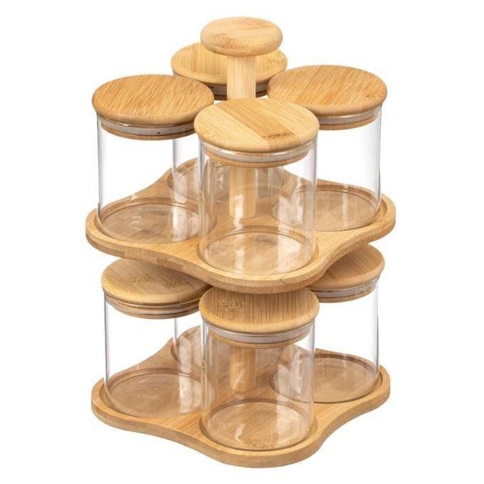 Organiseur d&rsquo;épices en bambou – 2 niveaux avec 8 bocaux en verre
